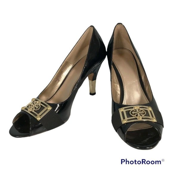 ISOLA Women's Peep Toe Black Patent Leather 3.5" Heels Size 10 Black Gold Trim - Picture 4 of 12